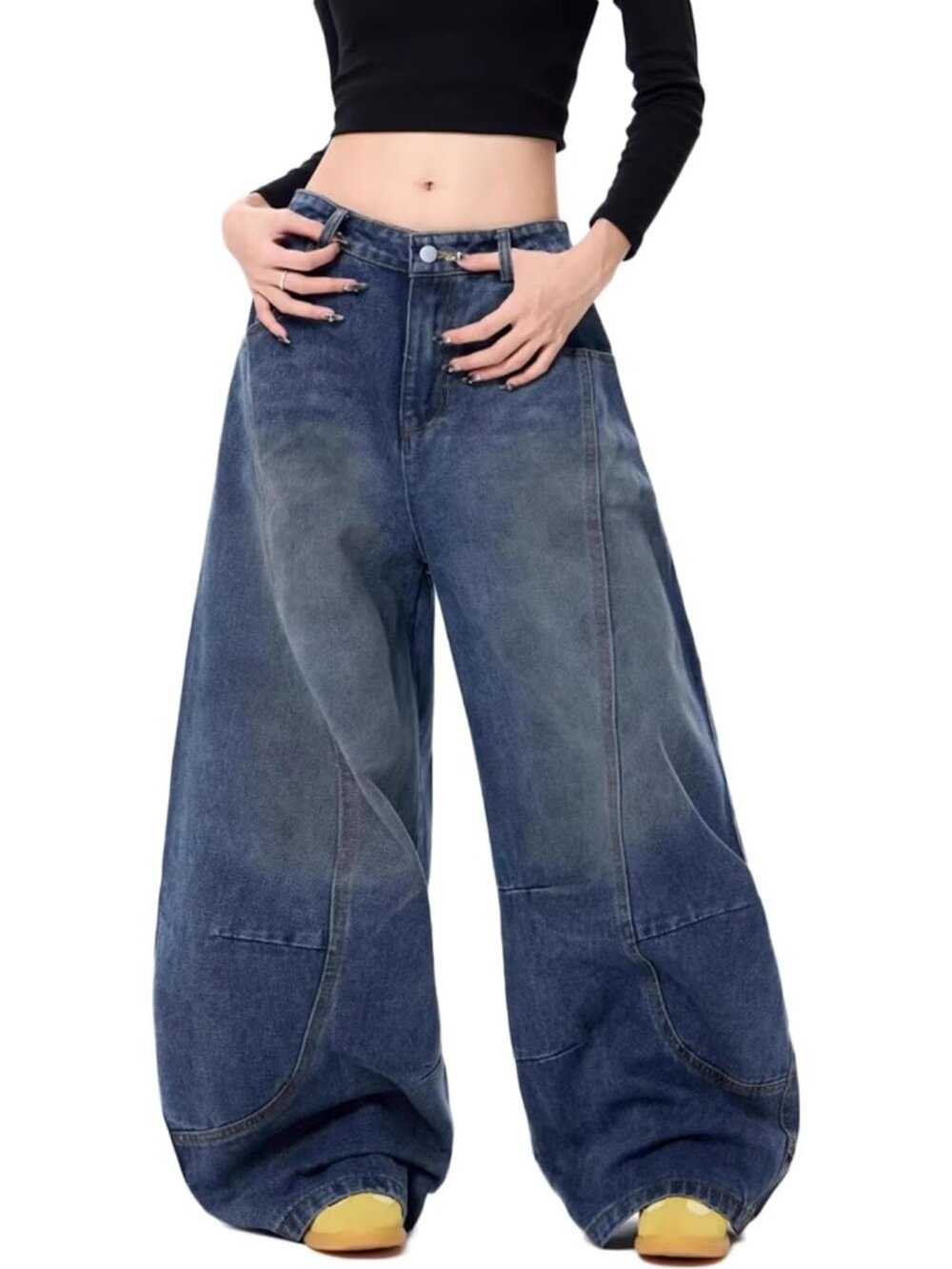 Women's Deep Blue Vintage Oversized Jeans Fashion Grunge Causal Straight Leg